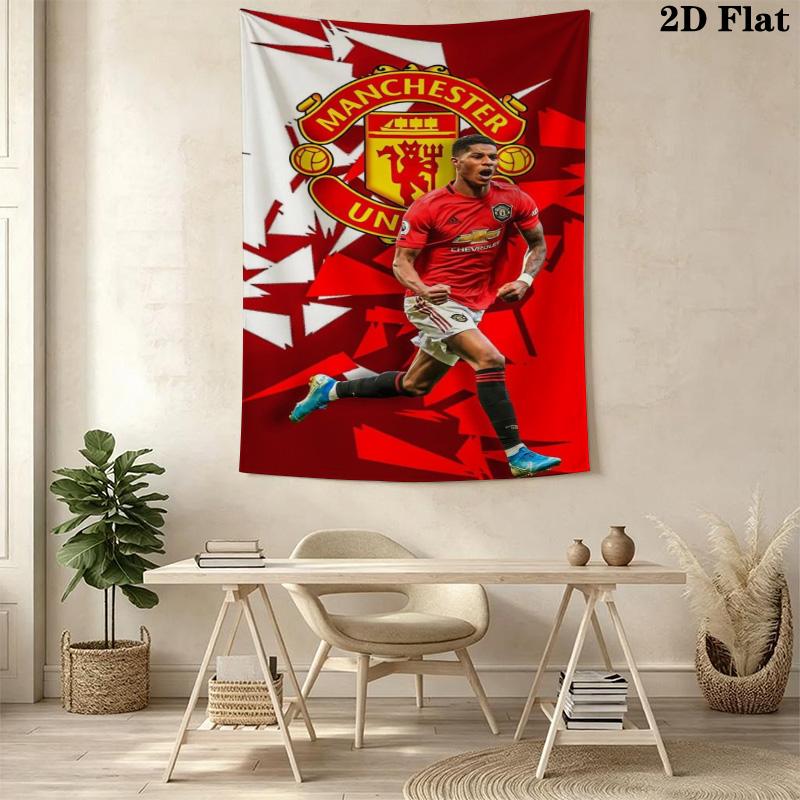 MUFC Honeycomb Background Tapestry, Manchester United Crest Wall Hanging Tapestry for Football Fan Wall Decor