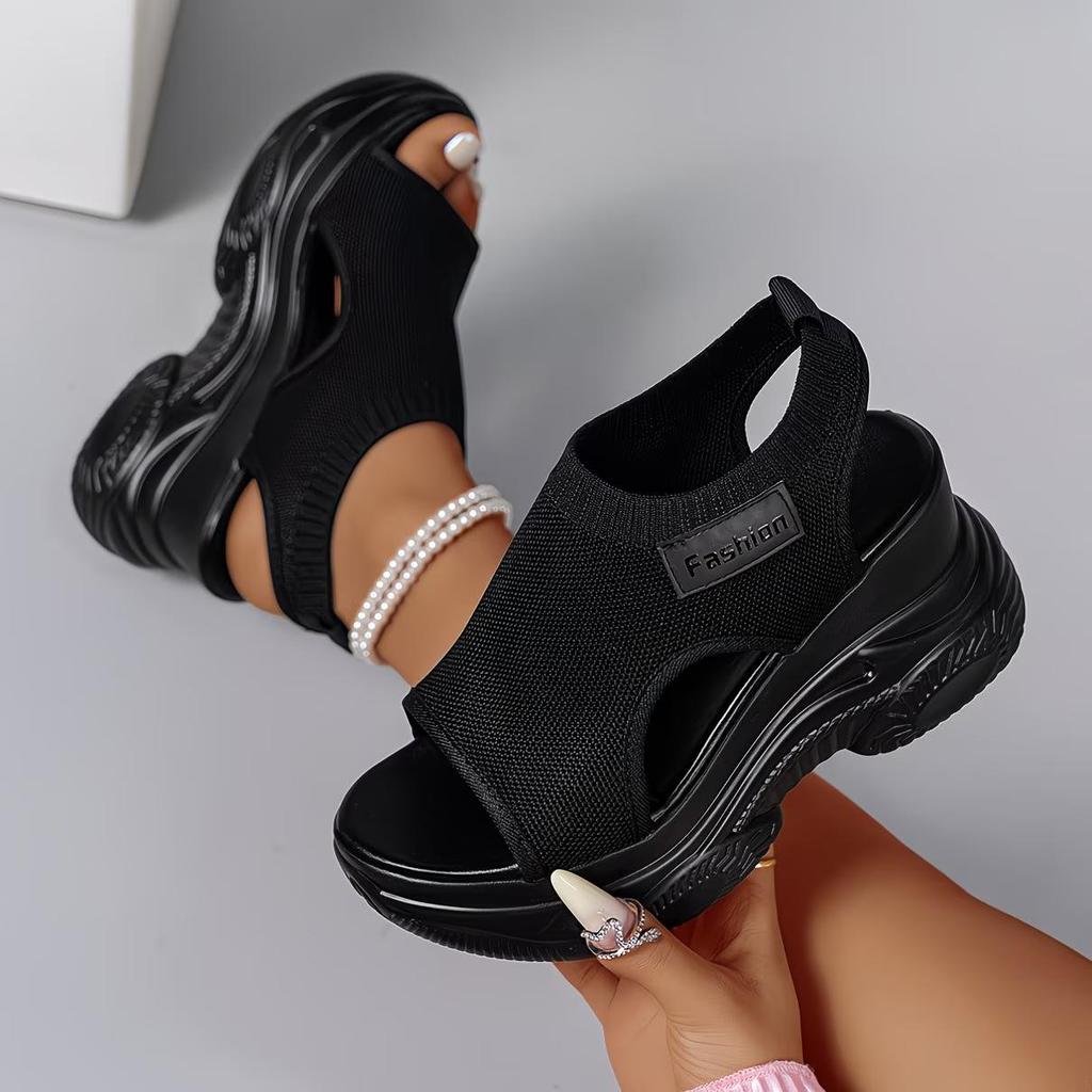 Women's Casual Solid Color Wedge Sandals - Comfortable Mesh Breathable Knitted Upper, Platform Wedge with Open-toe Design, Sport-casual Sandals