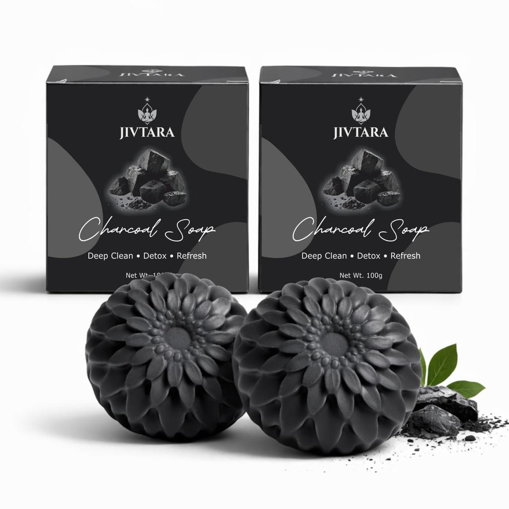 JIVTARA Charcoal Soap with Natural Ingredients | Helps Reduce Acne, Excess Oil & Pollution Damage | Daily Use Bath Bar | 100g (2 Pack (200g))
