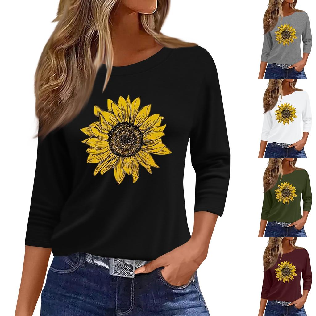 Women's Fashion Casual Round Neck 3/4 Sleeve Loose  Printed T-Shirt Ladies Top