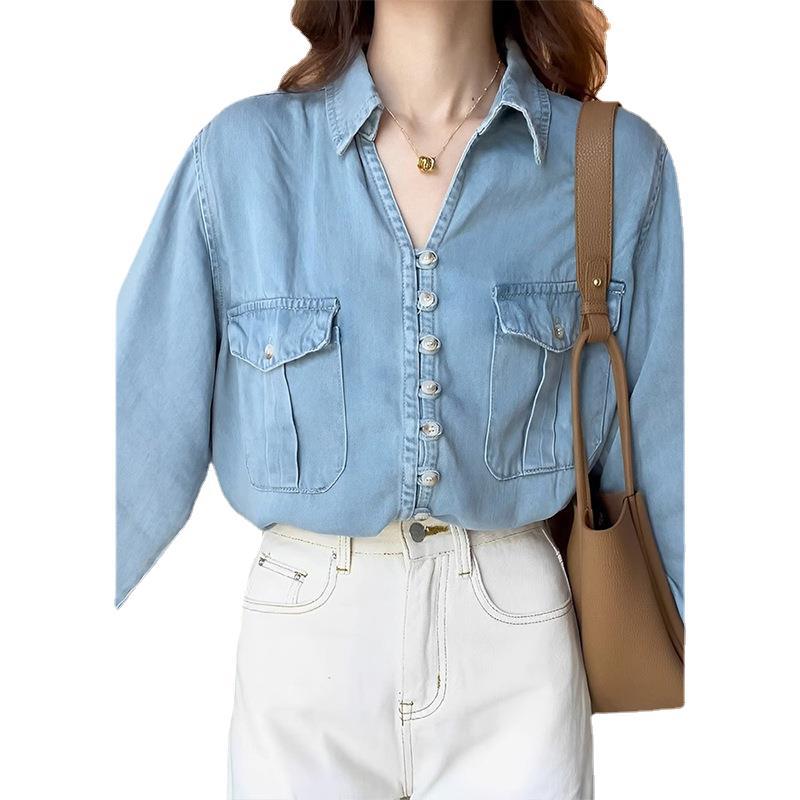 Bluză Dama Bumbac Casual Muncă Cămașă Denim Guler Întors Topuri Denim Cămăși Femei Bluză Mărimi Mari