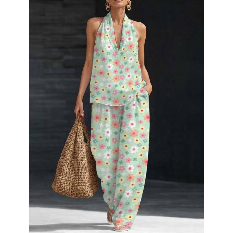 1116 Summer Cool Neck Suit Women's Temperament V-Neck Off-Shoulder Top + High Waist Wide Leg Pants Two-piece Set