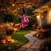 Whimsical Ghost Witch Figurine Halloween Flying with Broom, Large Lighted Hanging Decoration Glowing Window Hat for Lawn Patio Porch Backyard