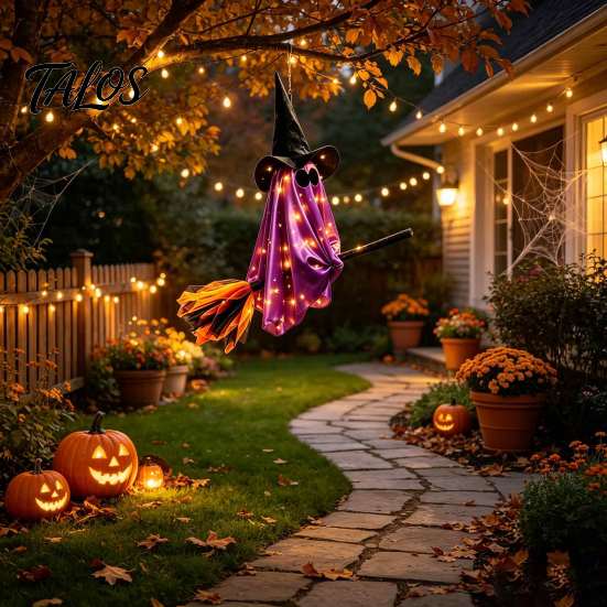 Whimsical Ghost Witch Figurine Halloween Flying with Broom, Large Lighted Hanging Decoration Glowing Window Hat for Lawn Patio Porch Backyard