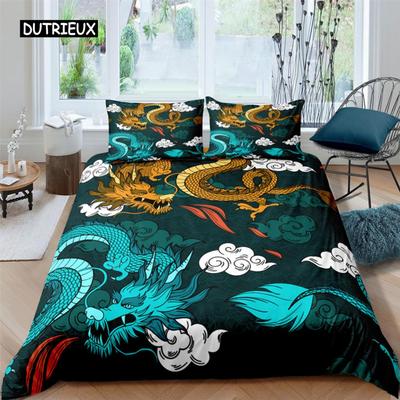 Parure de lit avec housse de couette et taies d'oreiller en polyester, motif dragon 3D, pour lit king-size, queen-size et twin