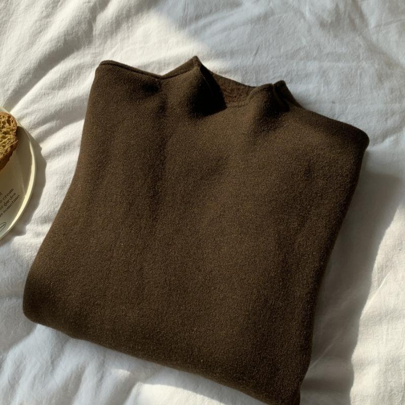 Thickened Integrated Mink Velvet Semi-turtleneck Sweater Women's Autumn and Winter Solid Color Inside Stacked Knitted Sweater Simple Top Base