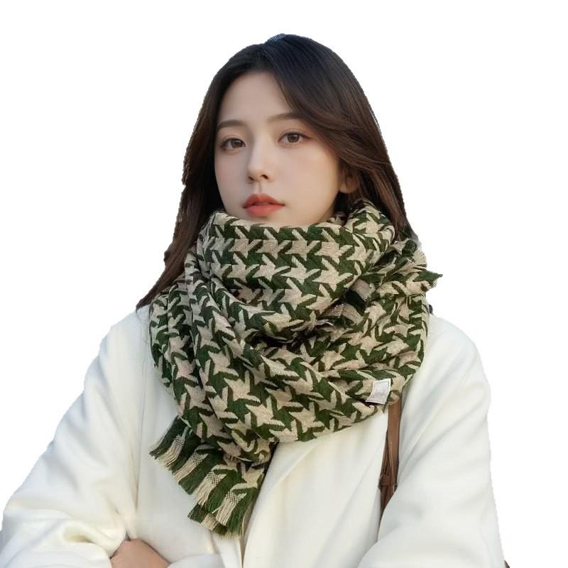 Women's Houndstooth Scarf: Warm Korean Style, Thick Imitation Wool, Fringe Knit for Autumn/Winter.