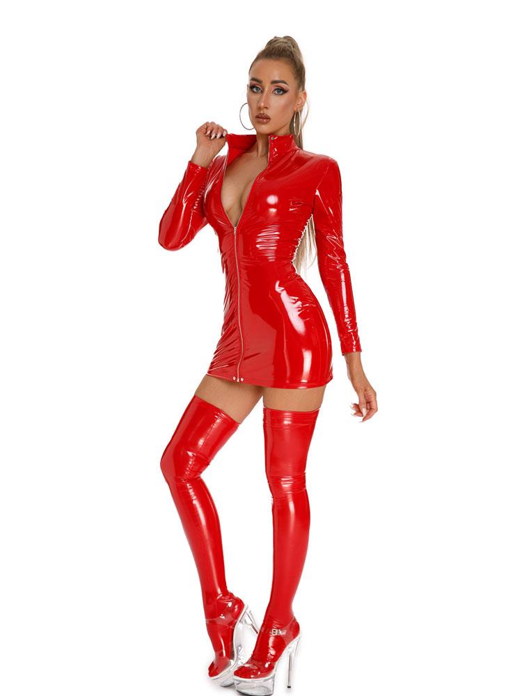 Sexy Women Latex PU Micro Mini Dress Shiny Zipper Open Bust Long Sleeve Costume Tight Dress Elastic Bodycon Pack Hip Leoatrd