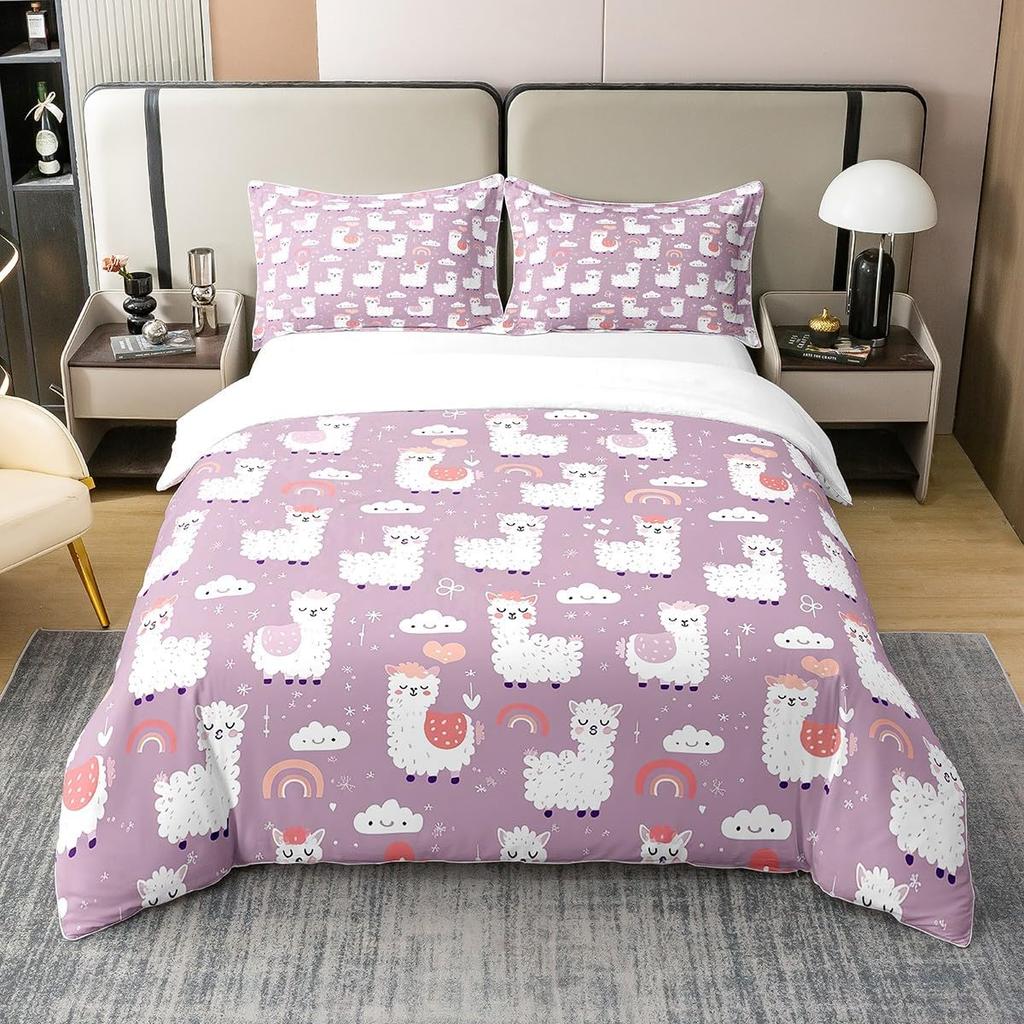 Alpacka Påslakan Queen King Size Tecknad Alpacka Sängkläder Set Lämpligt för Barn Tonårsflickor Sött Djurtryck Täckeöverdrag 3 Delar