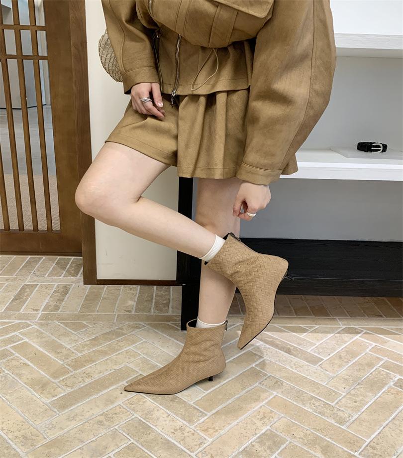 

British style woven pointed toe thin heel fashion boots bare boots 2025 autumn and winter new thin versatile short boots women s and ankle boots 39 абрикосовый
