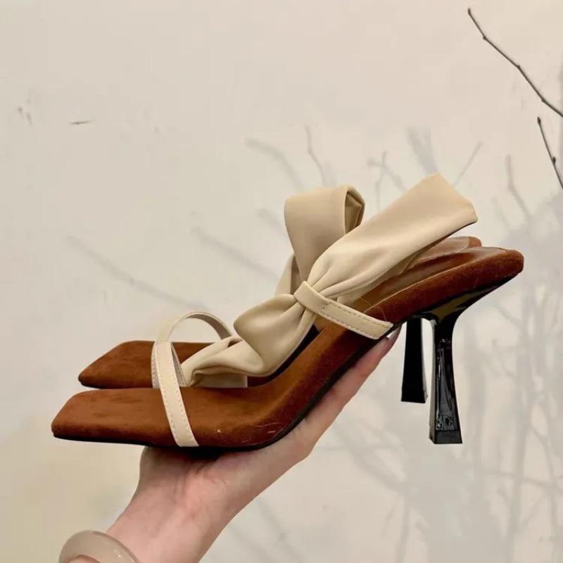 Pantofi Femei Retro Sandale Tocuri Stiletto Vârf Pătrat 2025 Vară Original Fete Înalți Noi Sandale Deschise Mules Pantofi Sclipici