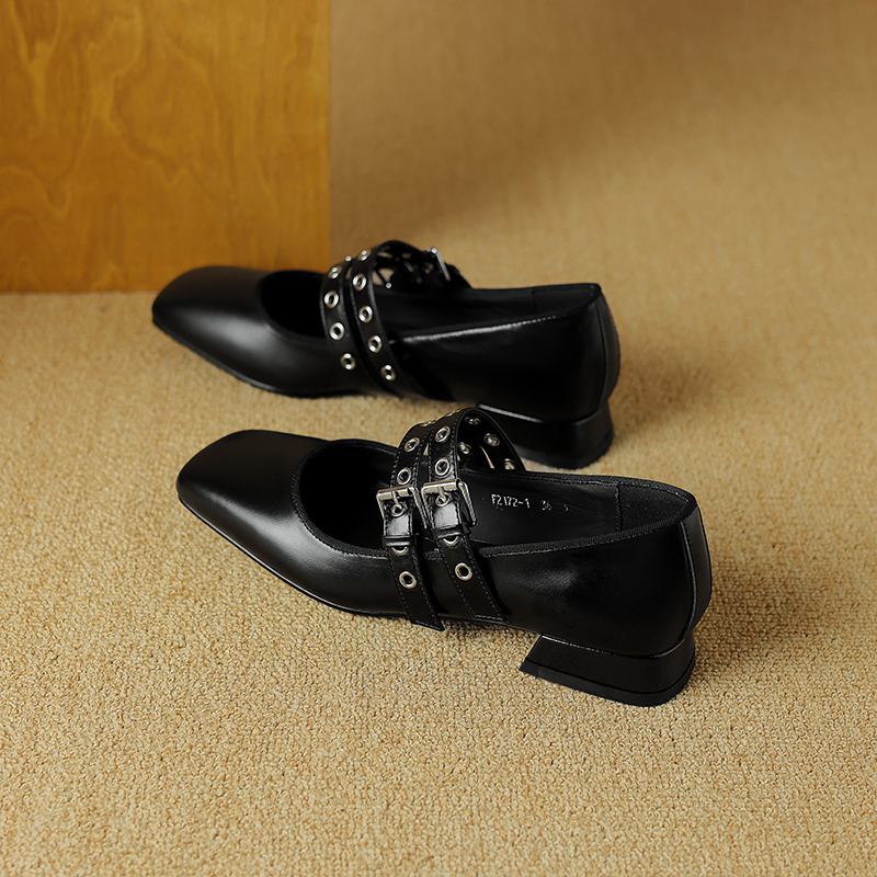 

Krazing Pot из натуральной кожи с металлическими заклепками и квадратным носком на низком каблуке. Осенние туфли Мэри Джейн на лето. Женские осенние туфли-лодочки. 34 чёрный