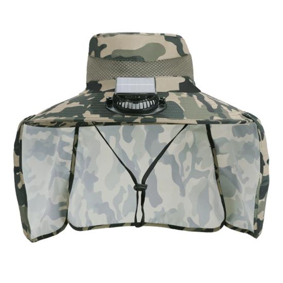 Camouflage Print Sun Hat Wide-Brimmed Shawl Fishing Hat with Dual-Power Fan Design 3 Gear Adjustable UV-Protection Outdoor Hat
