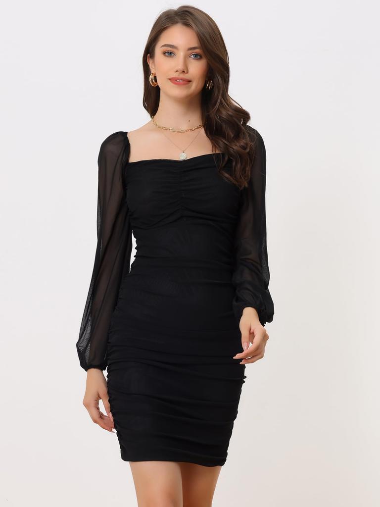 Allegra K Women's Elegant Puff Sleeve Mesh Bodycon Dress with Lace-Up Detail, Black, Size S
