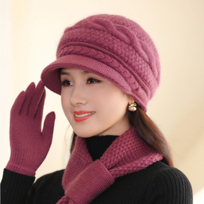 Scarf, Hat Sets Middle Aged Old Aged Mother Hat with Velvet Thickened Rabbit Hair Warm Basin Hat with Fried Dough Twists Autumn Winter