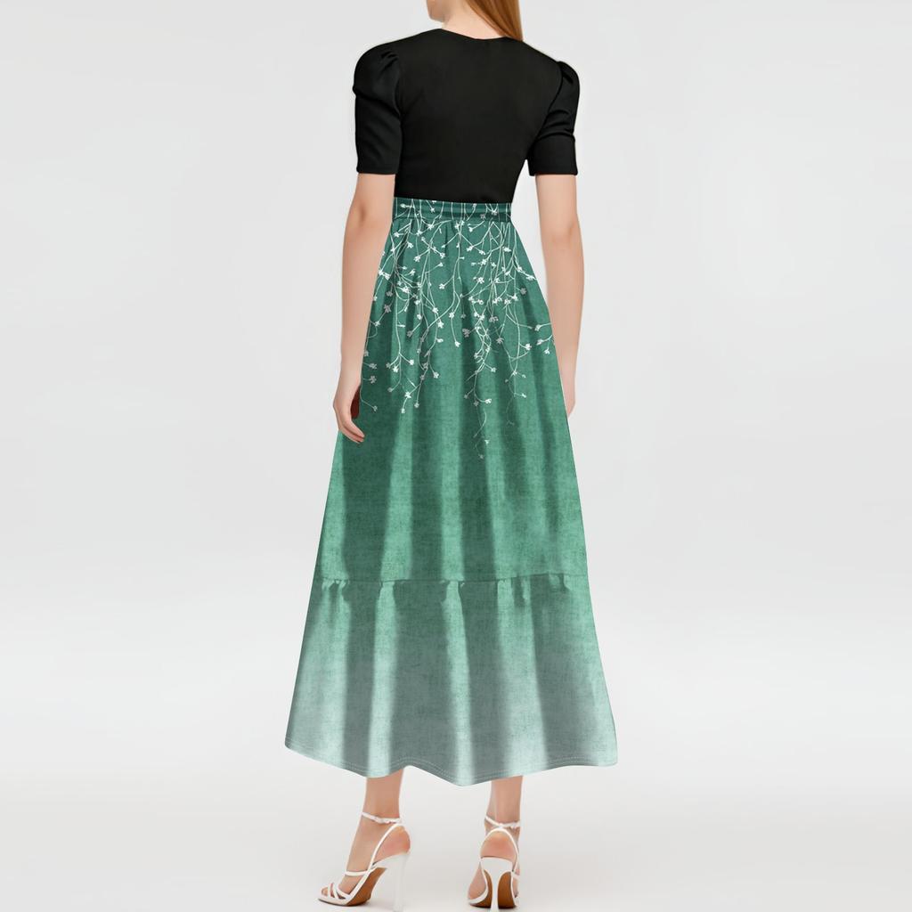 Women's Fashion Casual Belt Short Sleeve Print Round Neck Stitching Elegant Temperament Dress