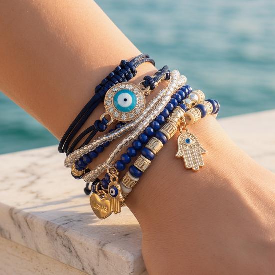 6Pcs/Set Women Bracelet Bohemia Style Elastic Rope Beads Bracelet with Palm Charm Adjustable Length Multi-layer Stackable Bracelets