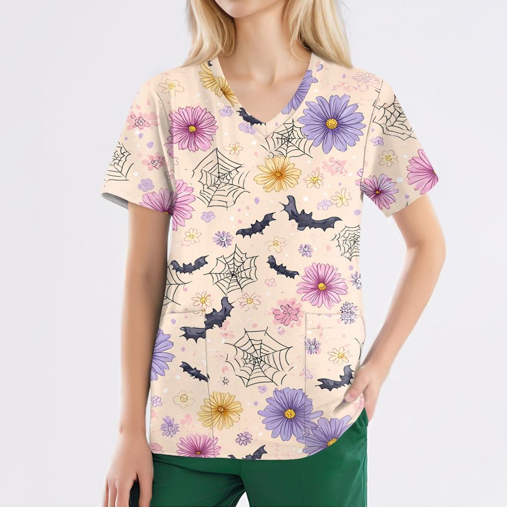 Damenmode V-Ausschnitt Kurzarm Overalls mit Taschen Print Tops Kleidung