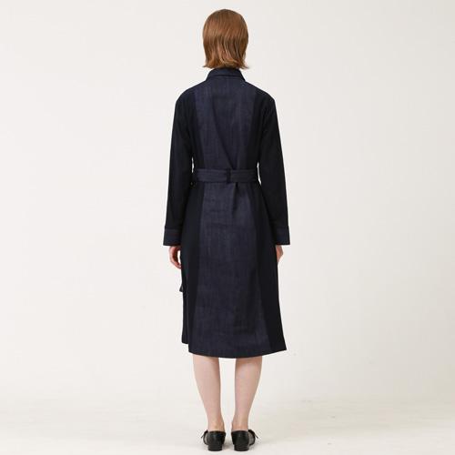 Bunderghost Denim Color Block Pleated Long Dress Navy