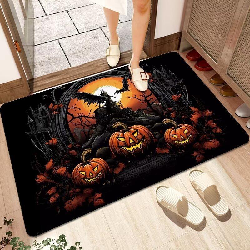 Halloween Themed Door Mat with Pumpkin Bat Pattern Non Slip Absorbent Indoor Outdoor Welcome Mat for Home Decor