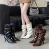 2025 Autumn and Winter New European and American Pointed Head Thin Heel High Heel Temperament French Fashion Sexy Pleated Pile Women's Medium Boots