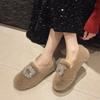 Soft Flat-bottomed One-pedal Fluffy Shoes for Women's 2025 Autumn and Winter New Rhinestone Square Buckle Doudou Shoes with Fleece Thermal Cotton Lad