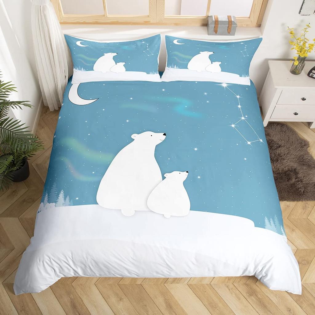 Bear Pattern Bedding Set Polar Bear Duvet Cover for Child Adult,White Bear Snow Mountain Sunset Soft Microfiber Comforter Cover
