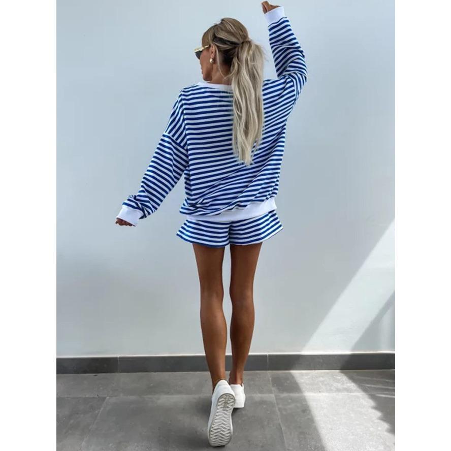 VEZFAA Women's Fashion Casual Spring Fall Stripe Print Long Sleeve V-Neck Trousers Pants Suits