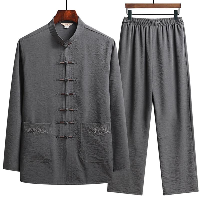 Set di Abbigliamento Tradizionale Cinese da Uomo Primavera e Autunno Uomo Autunno Lino Fibbia Camicia Kung Fu Top Retrò Orientale Pantaloni Uniformi Traspiranti Tai Chi