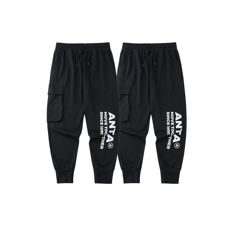 Anta Letter Logo Loose Casual Sweatpants Tapered Sport Pants Couples Style Unisex Bottoms Black 952228510-2