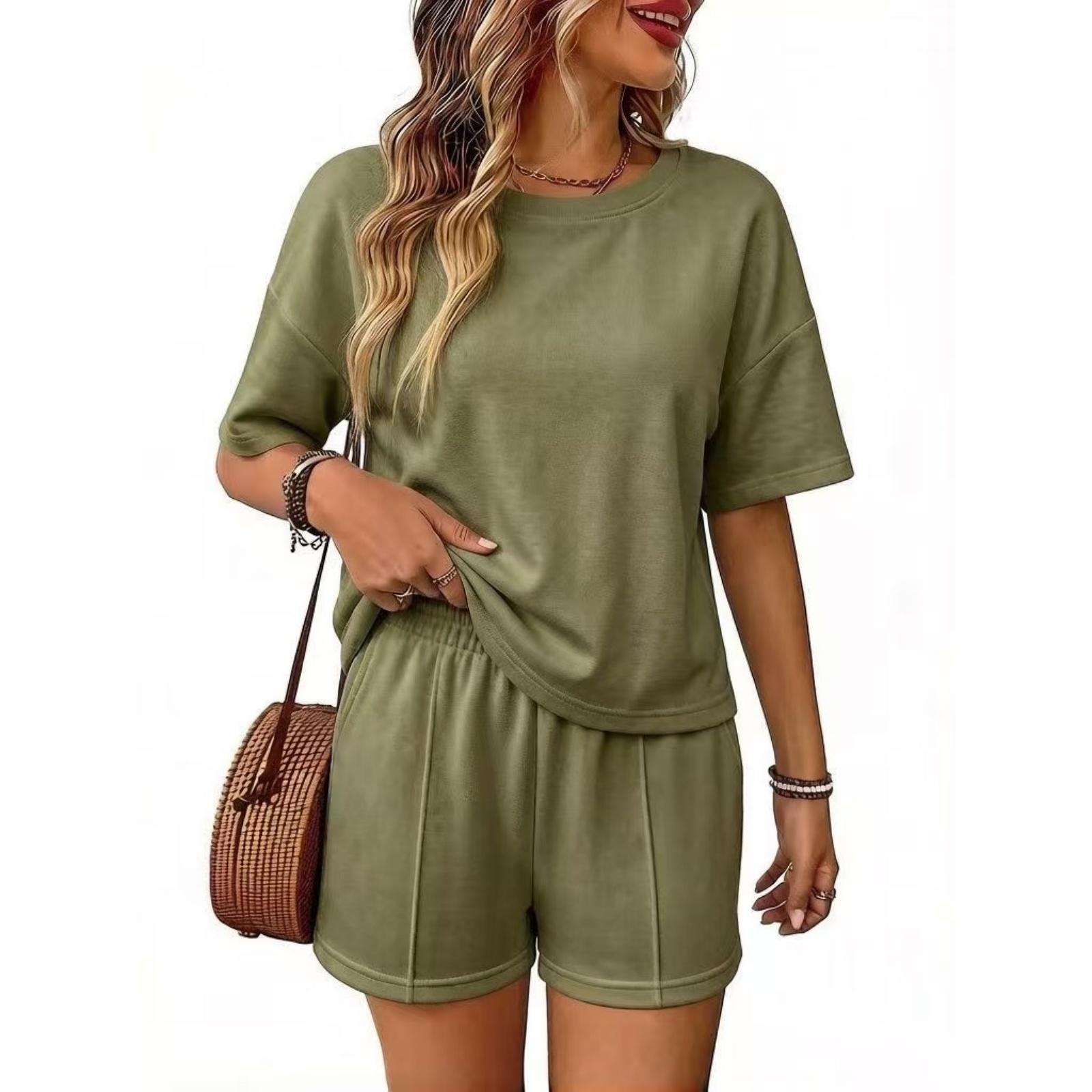

Women Casual Two Piece Set Loose Fit Short Sleeve Top and Elastic Waistband Shorts Lounge Wear Summer Outfit M