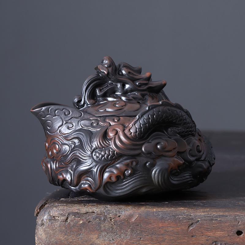 

Chinese purple pottery handmade pile carving flying dragon hand grab pot travel tea set a pot twO cups kung fu tea set