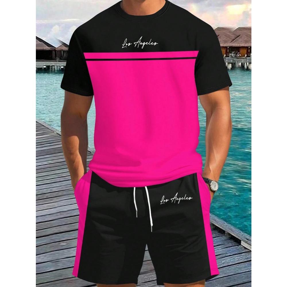 Summer New Arrival Men's Letter Print Short-Sleeve T-Shirt Stylish Mens Shorts Set Vacation Beach Casual T-Shirt Summer Top