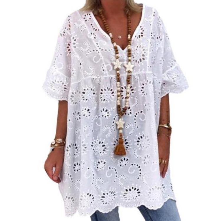 Fashion Women White V Neck Mini Dress Hollow Out Embroidery Short Sleeves XL