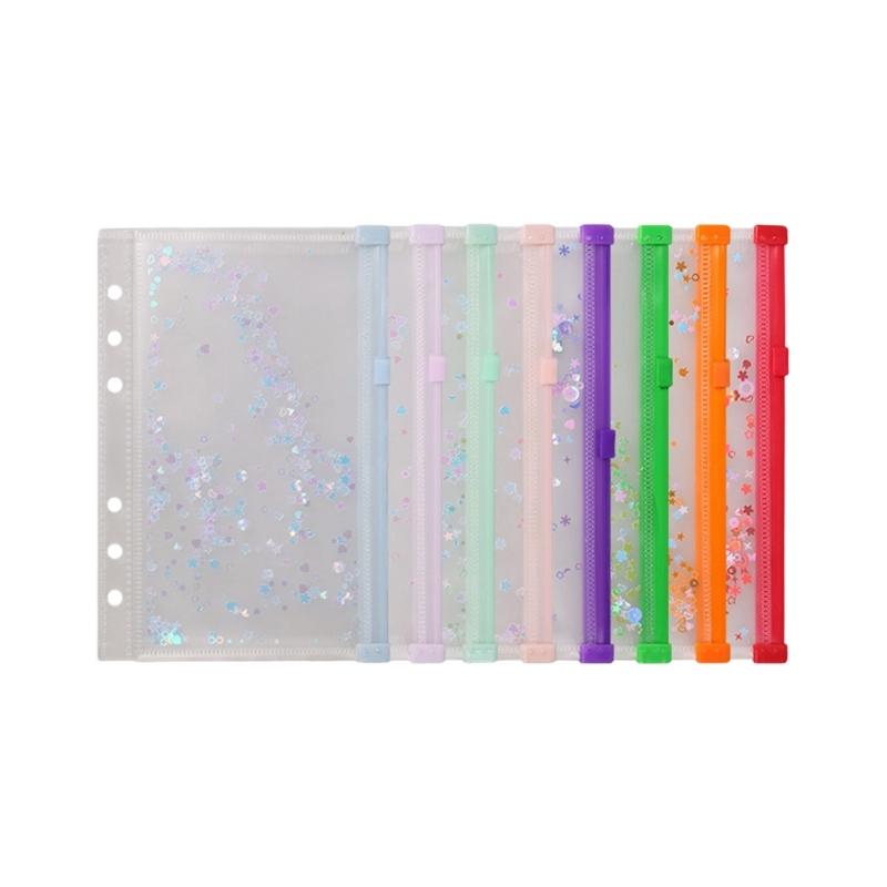 8Pcs Shimmering Clear Document Sleeve with Punched Hole Zippered Document Pouches Plastic File Envelope Bag For Office A6.