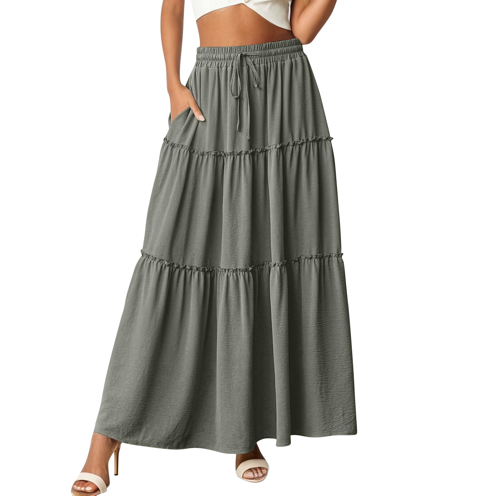Women s Ruffled Spring Casual Long Skirt Plain Color Skirt Retro Pleated Skirt XXL