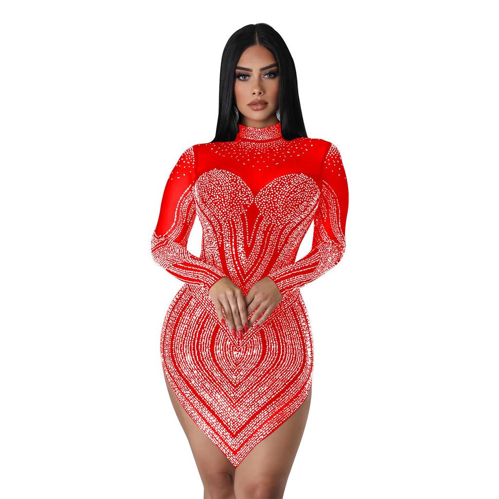 European & American Fashion Women's Solid Color Mesh Rhinestone Long Sleeve Mini Dress