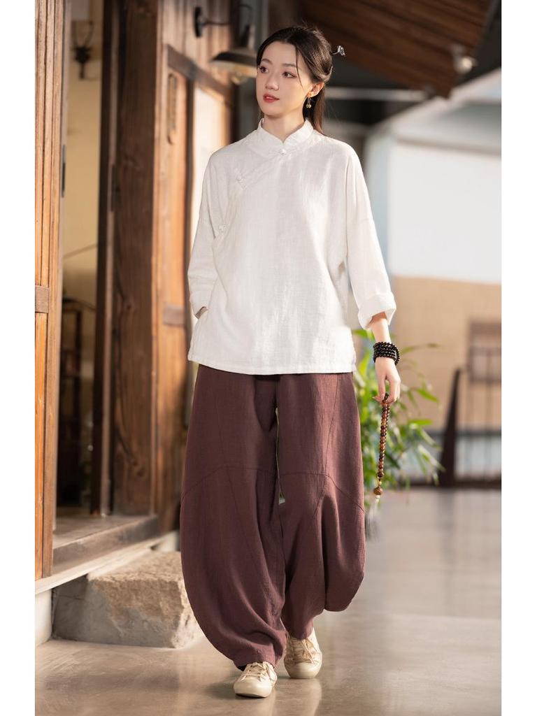 25 Autumn Retro Stand Collar Women's Cotton Linen Shirt with Frog Buttons - Zen Tea Ceremony Style