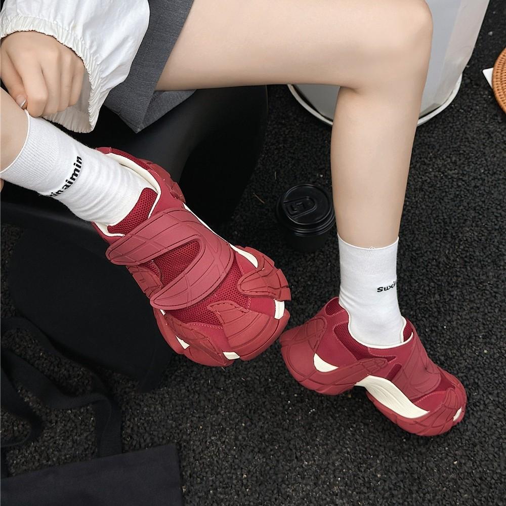 Leather casual sports big head mountaineering height increase small ins tide shoes mesh Velcro platform dad shoes women