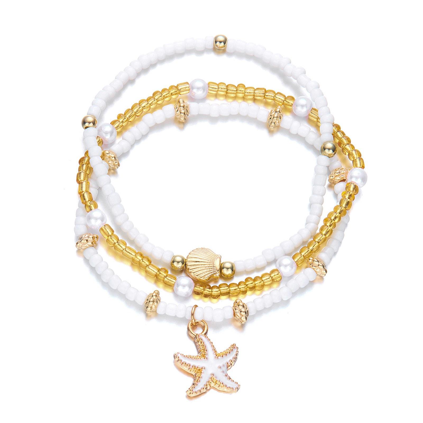

Elastic Seashells Bead Jewelry Combo Adjustable Triple Layer Designs Convenient for Trendy Women Beach Party Wear