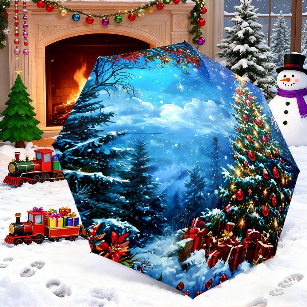 

Open/Close Portable Folding Umbrella with 8-Rib Snowy Christmas Tree, Presents & Snowman Design - Compact Travel Umbrella for (as the picture,Iron&8K)