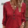 Women Spring Fall Top Hollow Out Lace Button Decor V Neck Soft Breathable Pullover Patchwork Long Sleeve Mid Length Lady T Shirt