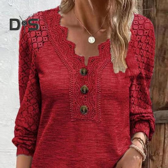 Women Spring Fall Top Hollow Out Lace Button Decor V Neck Soft Breathable Pullover Patchwork Long Sleeve Mid Length Lady T Shirt