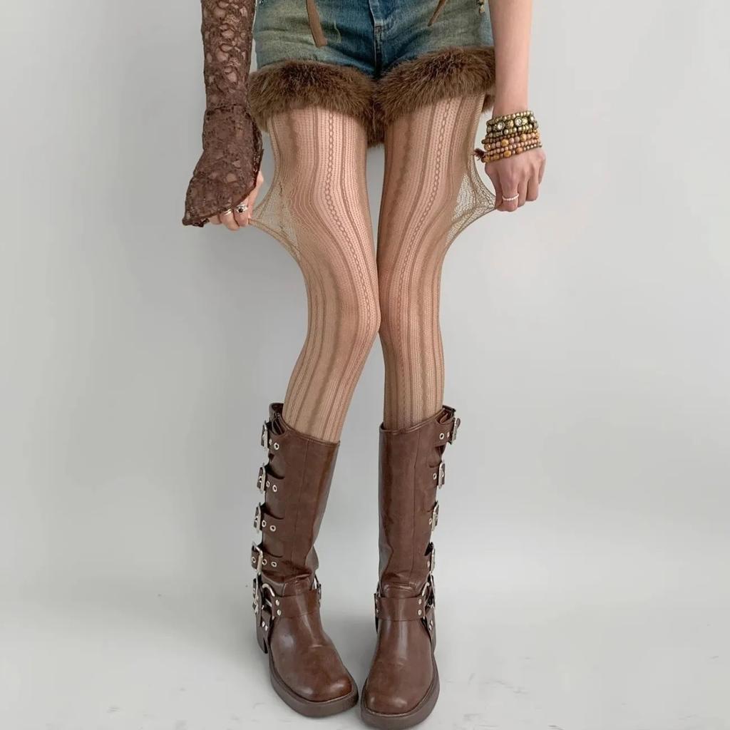 Brown Stockings Women'S Spring And Autumn Anti-Hook Bottoming Socks Summer Lace Retro Flower Jacquard Mesh Socks Beautiful Legs