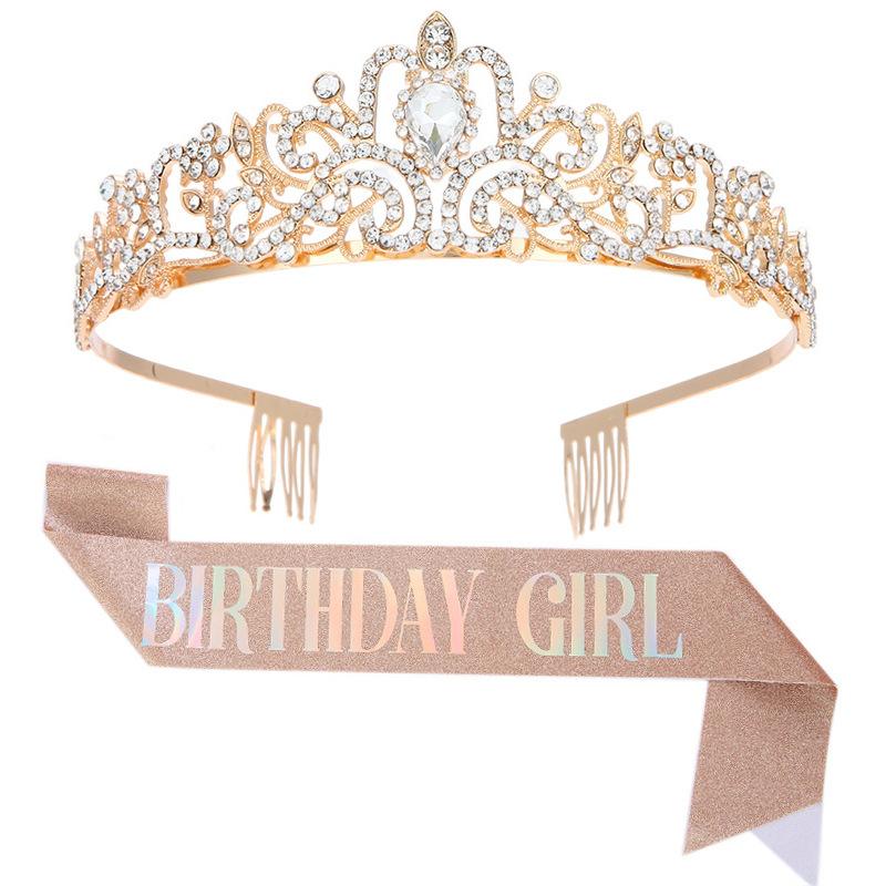 European and American Fashion Crystal Crown Belt Etiquette Wear Birthday Headwear Crown Birthday Girl Sash Set