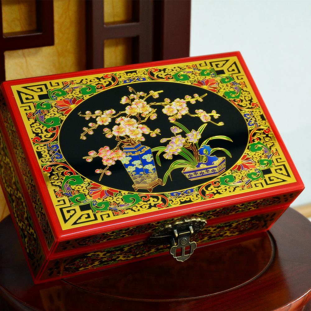 Vintage Filigree Jewelry Box with Copper Wire Inlaid Shells High Gloss Piano Lacquer Pingyao Polished Lacquerware