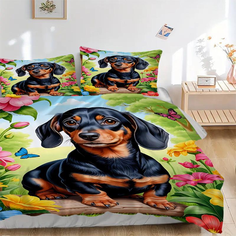 

3pcs Dachshund, Garden Flowers Duvet Cover Set, Cover For Bedroom Guest Room (1 Duvet Cover + 2 Pillowcase, Without Quilt), yy250922102 135x200cm
