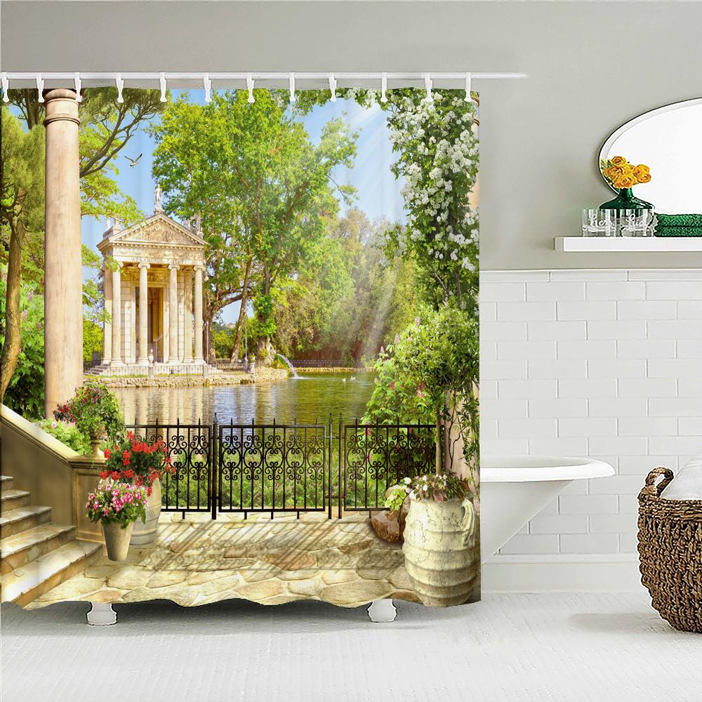 Rural Idyllic Flowers European Garden Shower Curtain Bathroom Waterproof 3d Printed Bath Curtains With 12 Hooks Polyester Cloth
