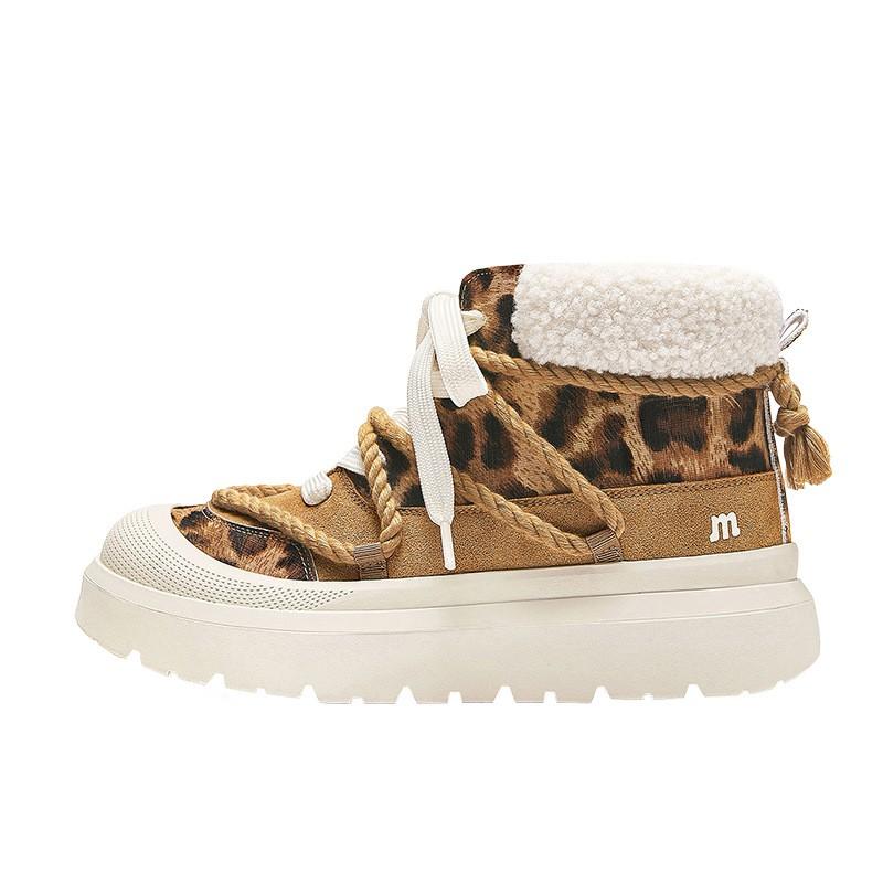 Unisex Winter Snow Boots With Leopard Print Warm Faux Fur Lining Rubber Sole Short Shaft Round Toe Lace-Up