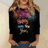 Christmas-themed Women's New Year Printed Round Neck Long-sleeved T-shirt, Festive Black and White Casual Loose Top